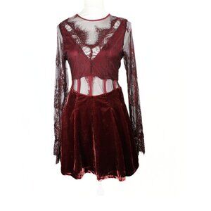 Free People Burgundy Lace & Velvet Dress Boho Fairy Whimsigoth Style